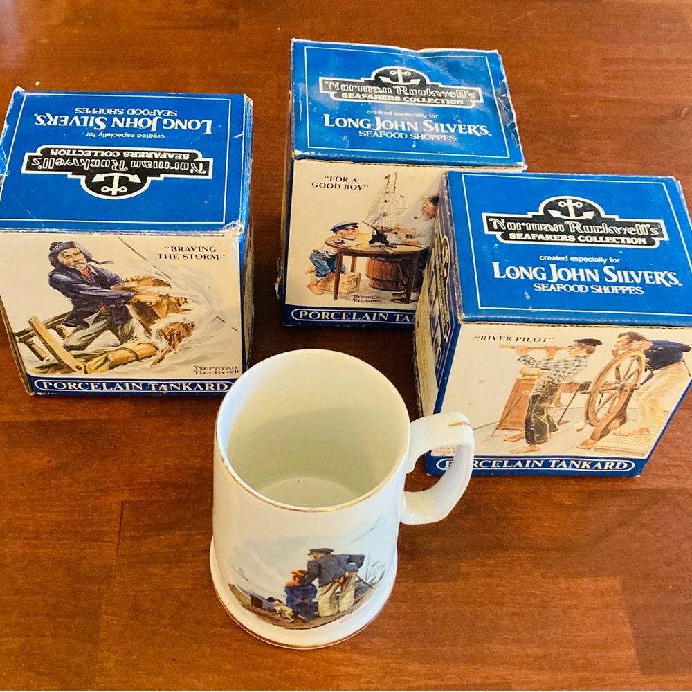Vintage Set of 4 Long John Silvers Norman Rockwell Tankards